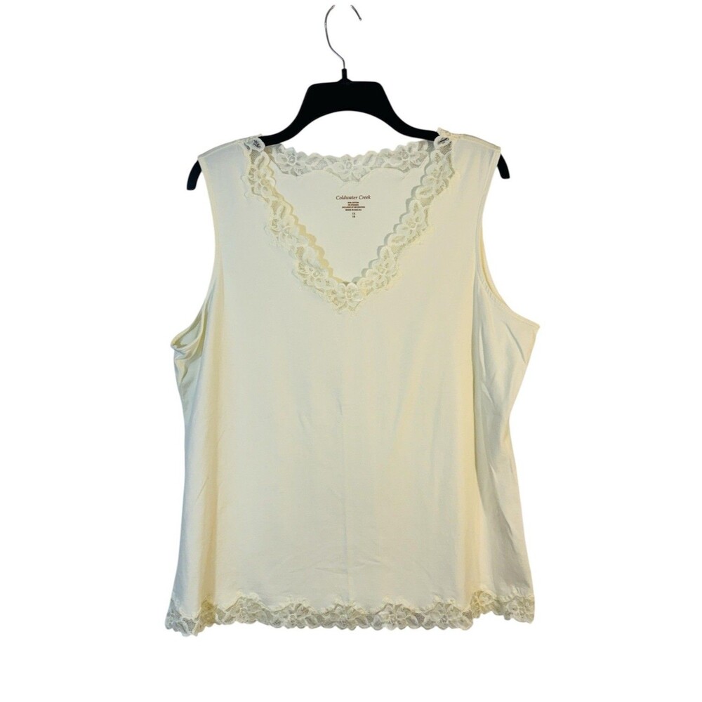 Coldwater Creek Women's 1X 18 Ivory Cotton/Spandex Tank Cami w/ Lace Trim Soft